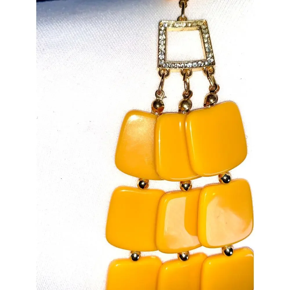 Vintage 1970's Multistrand Mustard Yellow Acrylic Square Statement Necklace